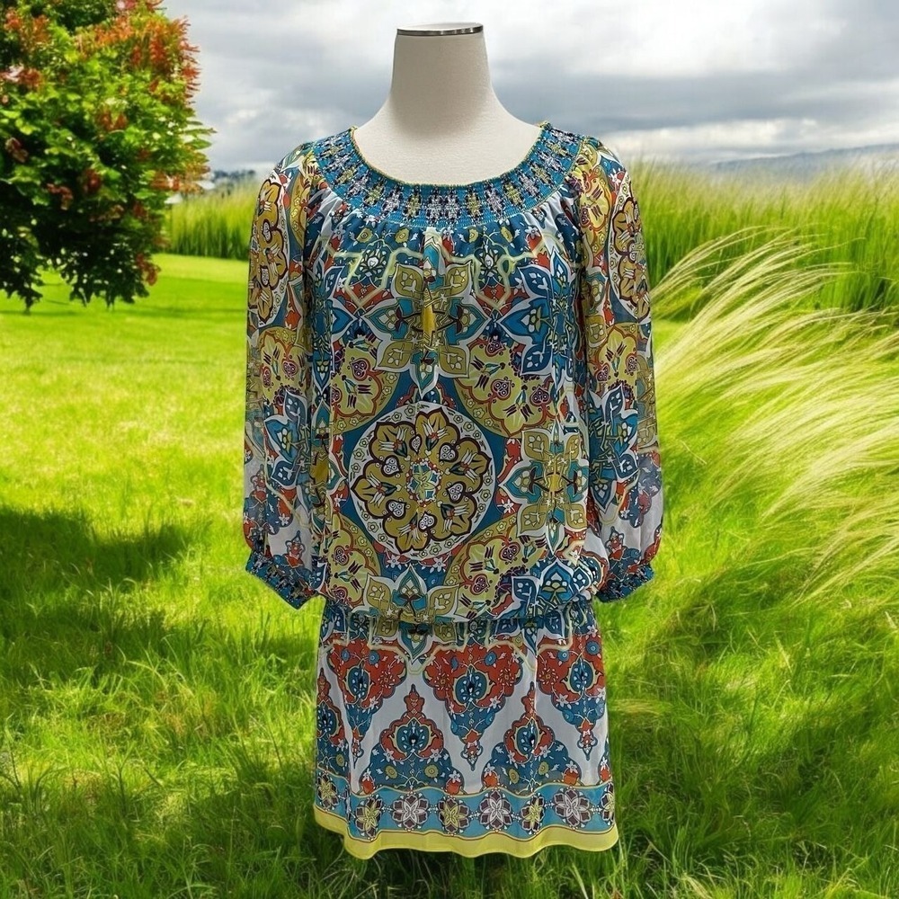 Nicole Miller Boho‎ Peasant Tunic Dress M Smocked Waist Festival Artsy Flowy